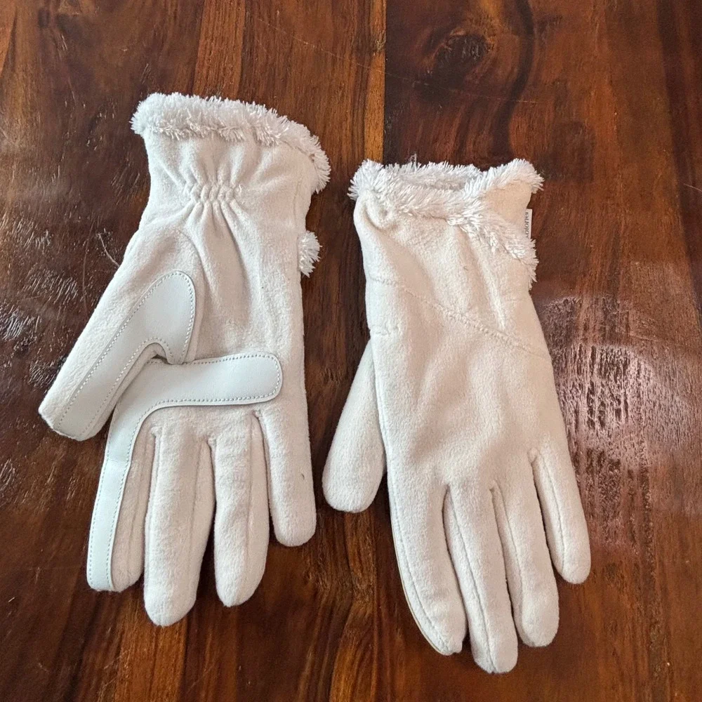 Isotoner Womens Cream Fleece Gloves Faux Fur Trim Grip Palm Style 528K2 OS - Picture 1 of 5